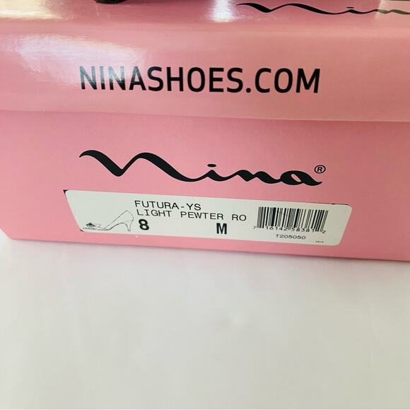 Nina | Futura Pewter Peep Toe Bow High Heels GUC 8 - Picture 6 of 10